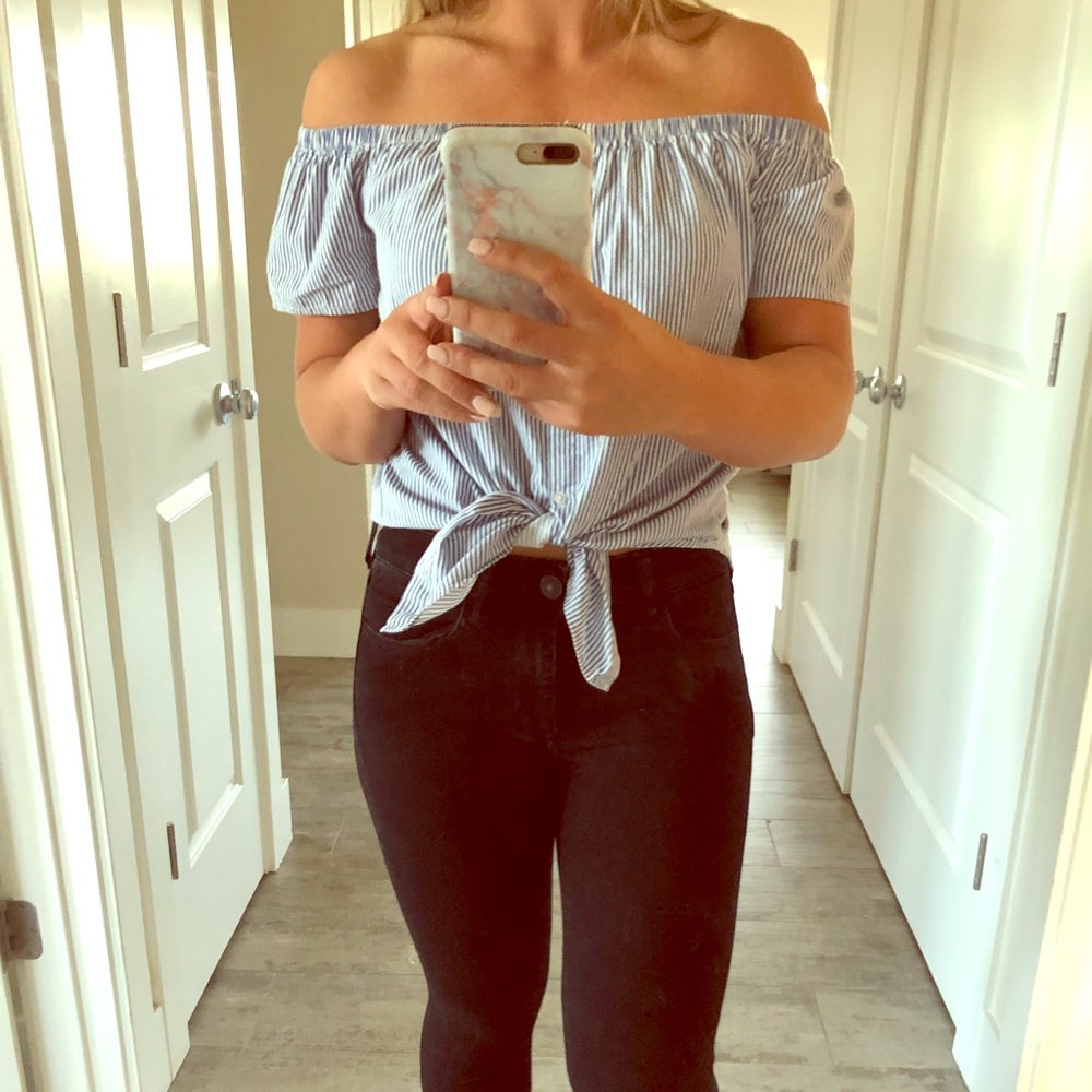 Off shoulder button up striped top